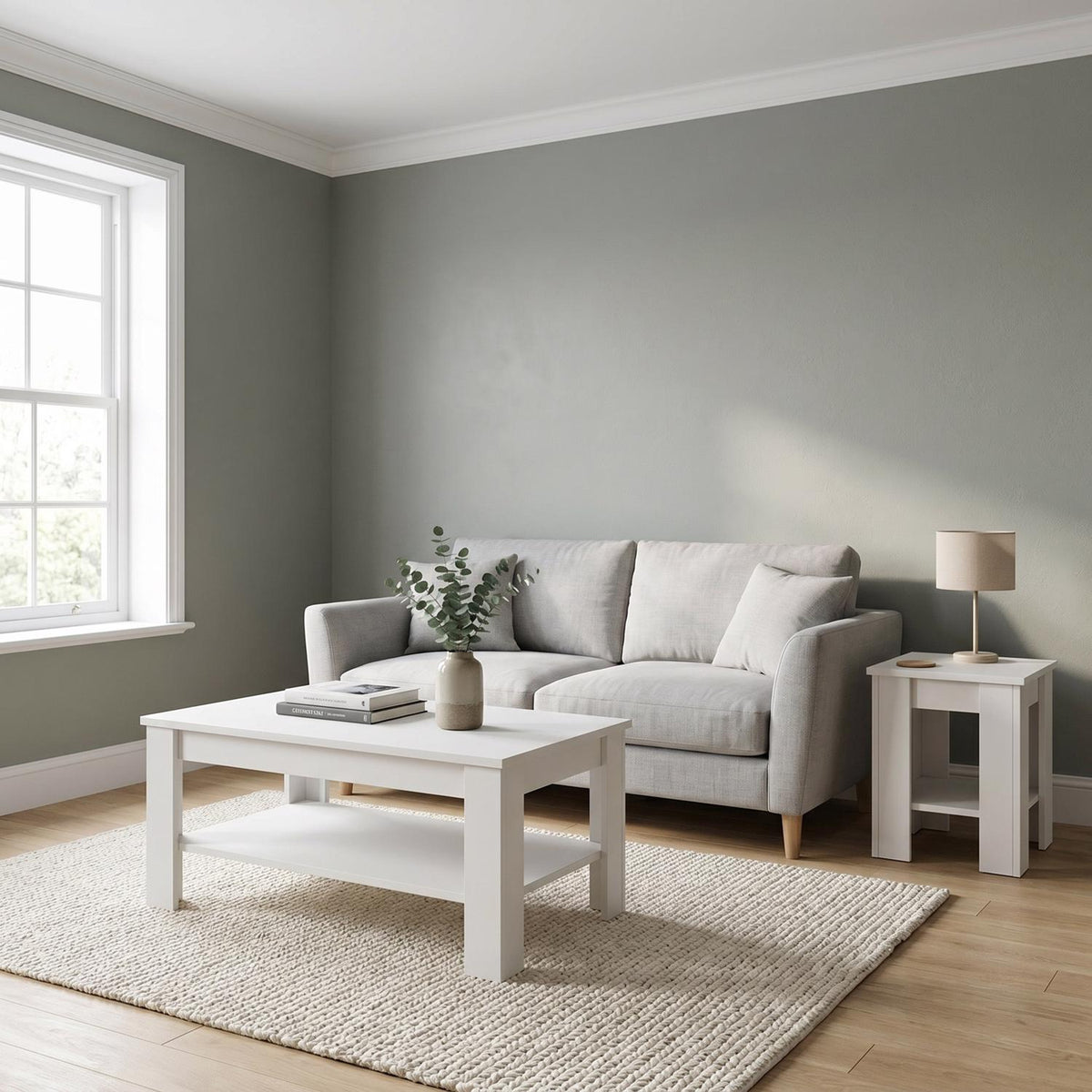 White coffee table and lamp table set — both pieces shown together