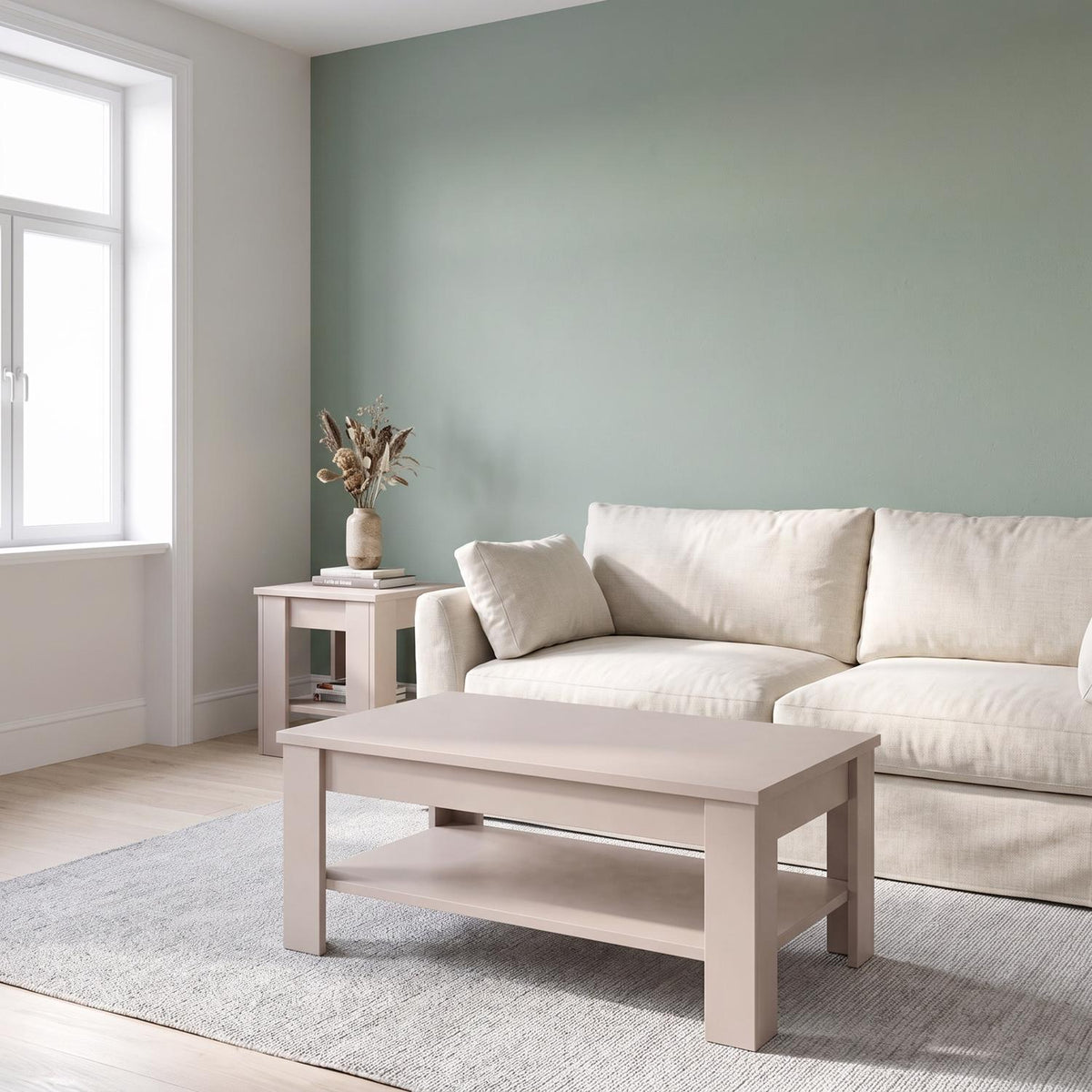 Beige coffee table and lamp table set — both pieces shown together