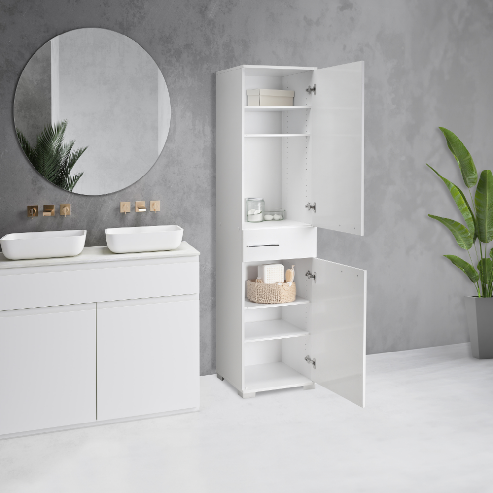 Adore White High Gloss 2 Door Storage Unit with Central Drawer - Multi-Purpose Cabinet