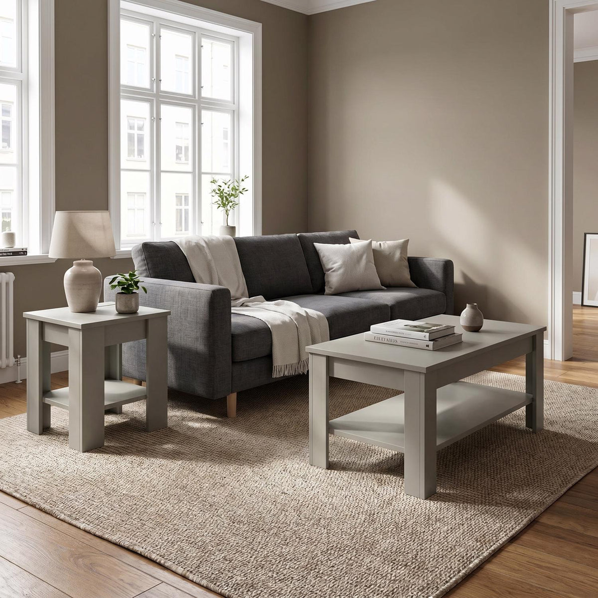 Green coffee table and lamp table set — both pieces shown together