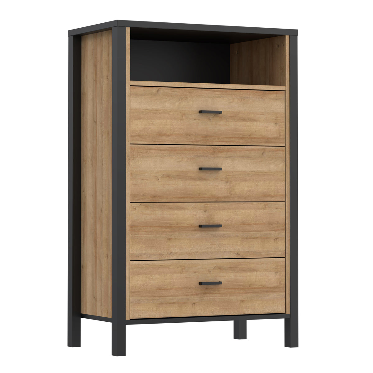 High Rock Chest of 4 Drawers in Matt Black/Riviera Oak — front view