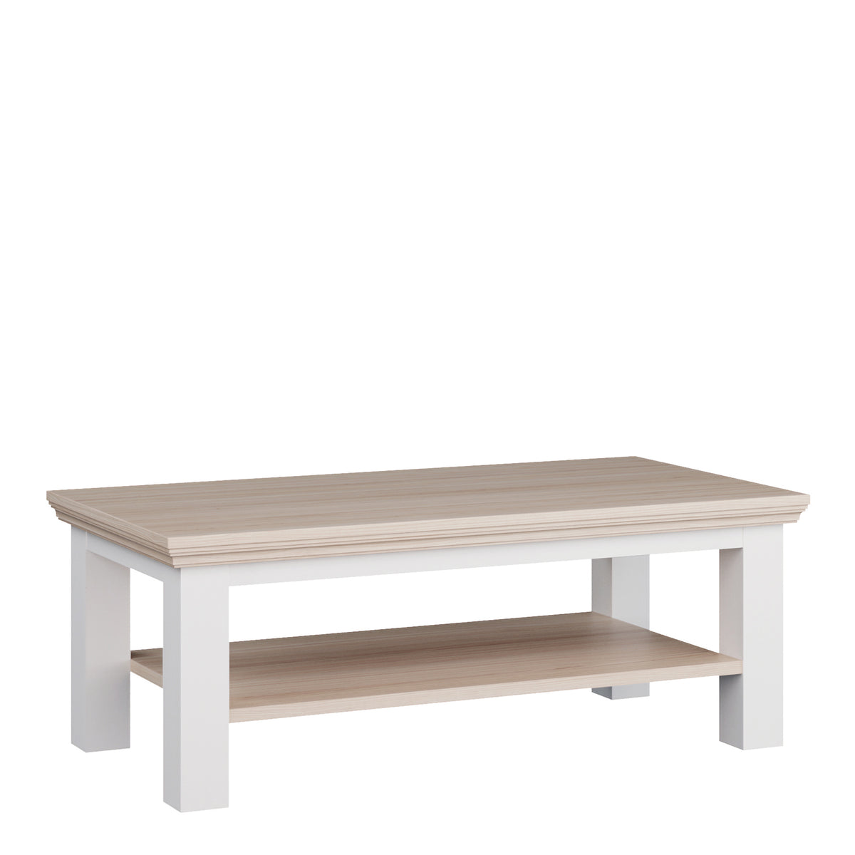 Pontypool Large Rectangular Coffee Table with Shelf in White and Riva Oak — front view