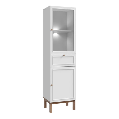 Wensley Display Cabinet with 1 Door 1 Drawer and 1 Glass Door in Light Grey and Oak inc LED Lighting — front view