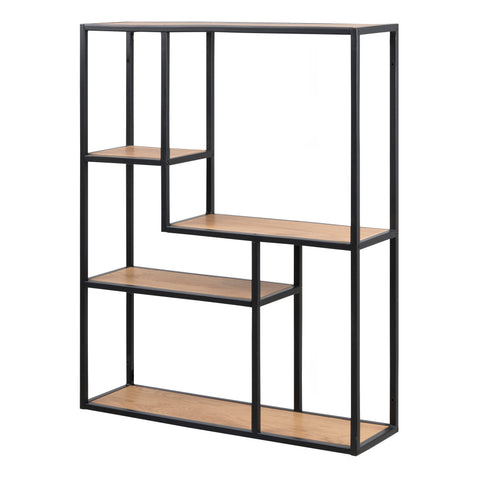 Seaford Black Metal Wide Wall Shelf with 3 Additional Oak Shelves — front view