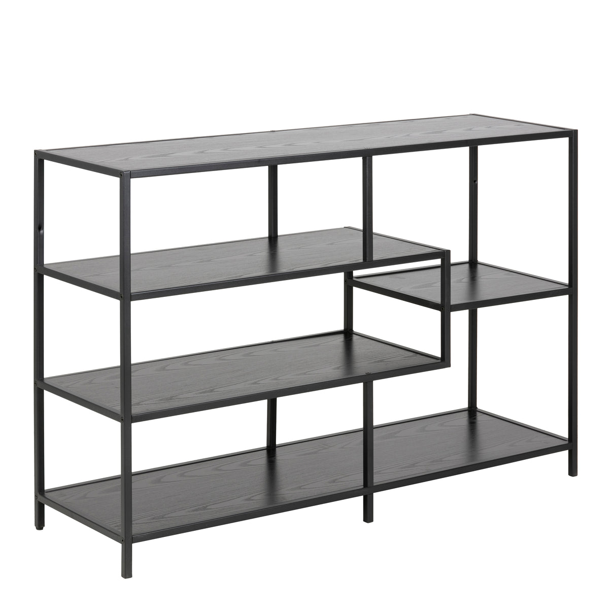 Seaford Wide Black Metal Bookcase with 4 Black Oak Shelves — front view