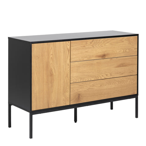Seaford 1 Door 3 Drawer Small Sideboard in Black & Oak — front view