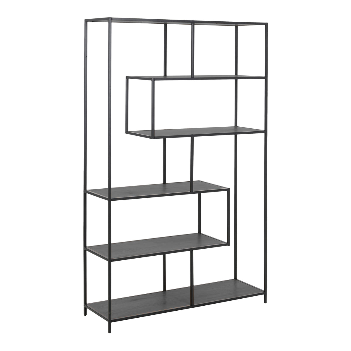 Seaford Black Metal Large Asymmetrical Bookcase with 5 Black Shelves — front view