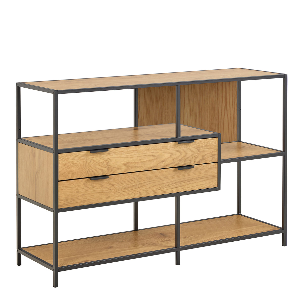 Seaford Wide Oak Metal Bookcase 2 Drawers and 3 Shelves in Matt Wild Oak — front view