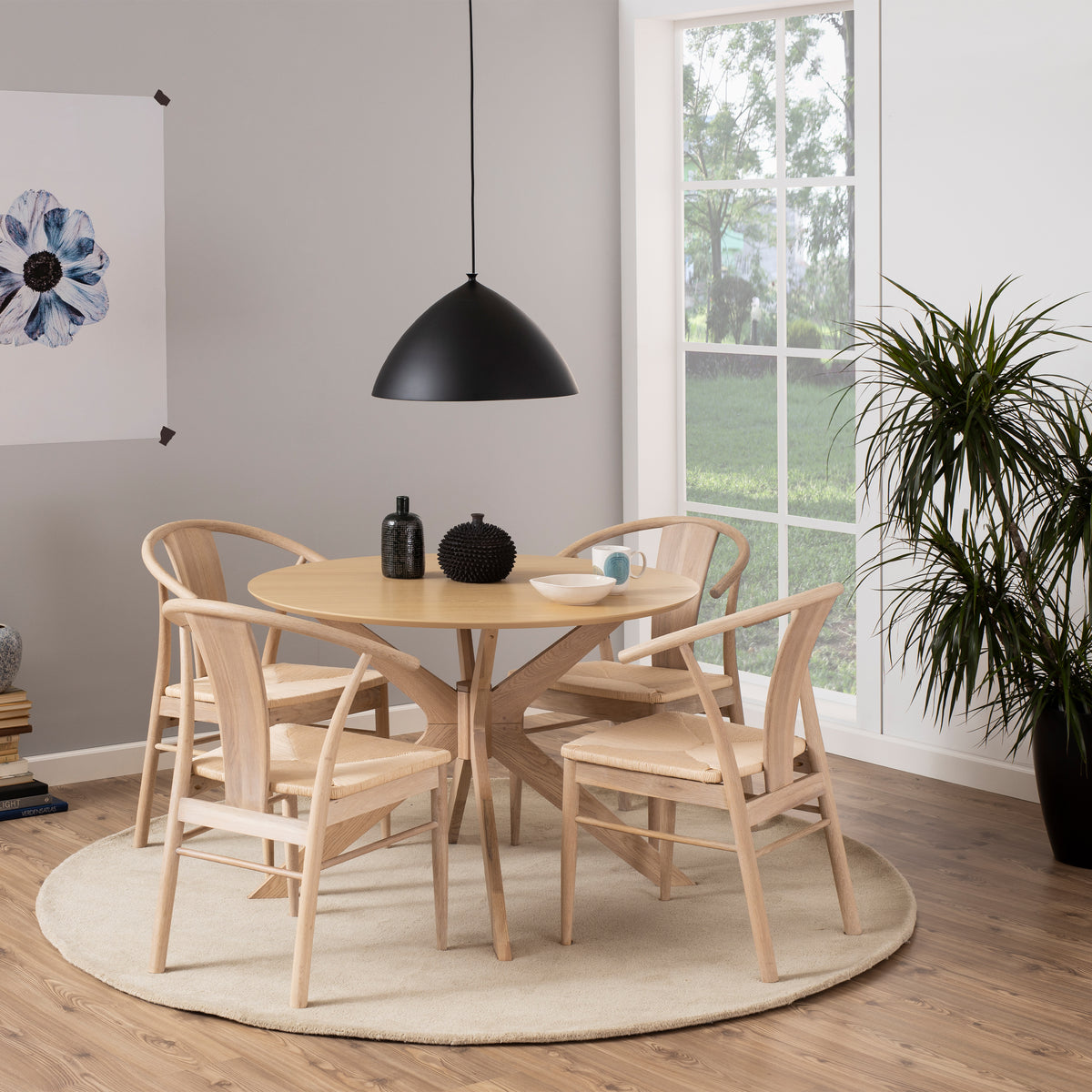I_Duncan Round Dining Table in White Oak 105cm includes 4 Cassandra Dining Chairs with Armrest in White Oak — front view