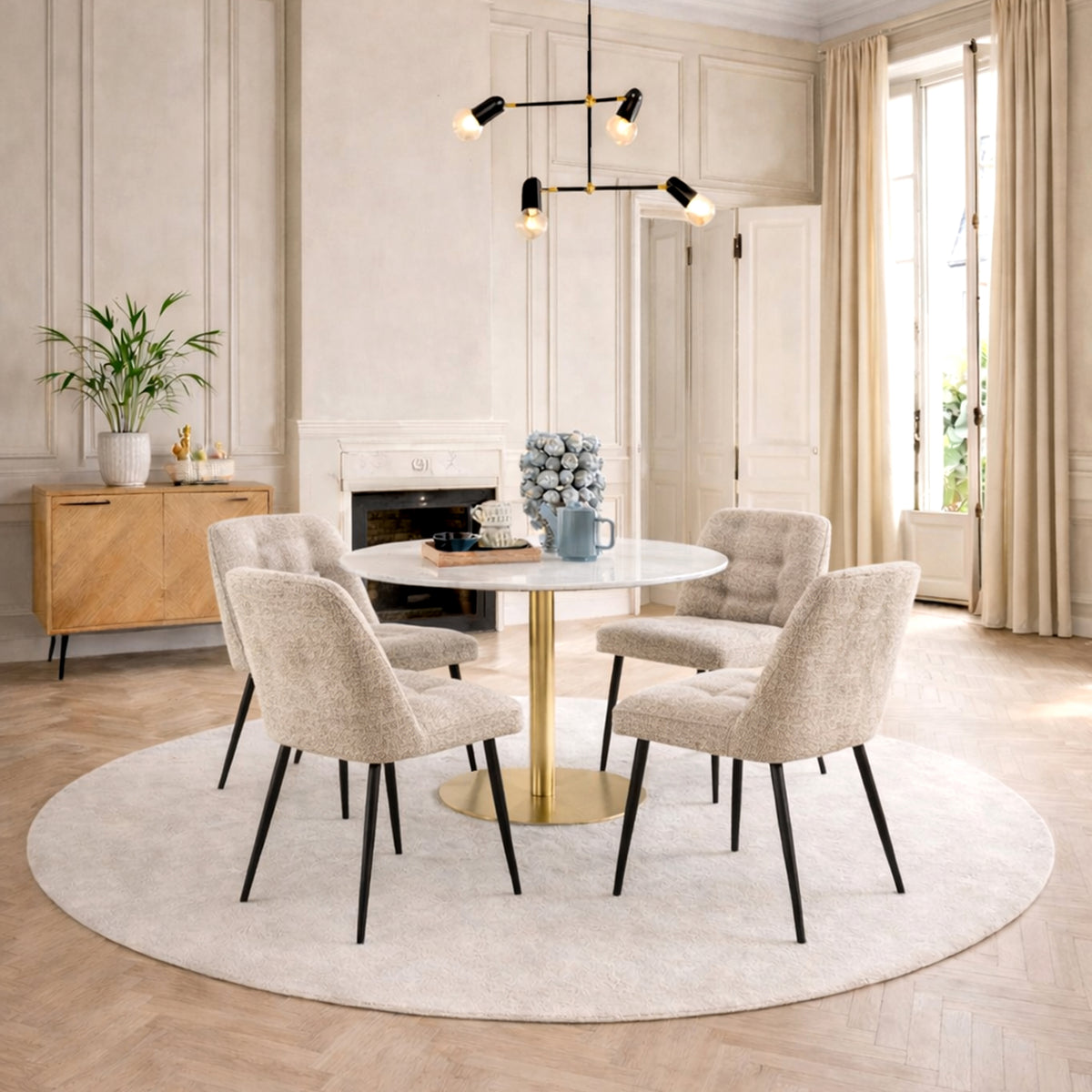 Corby Round Dining Table with White Polished Marble Top & Gold Base inc 4 Brooke Dining Chairs in Beige — view