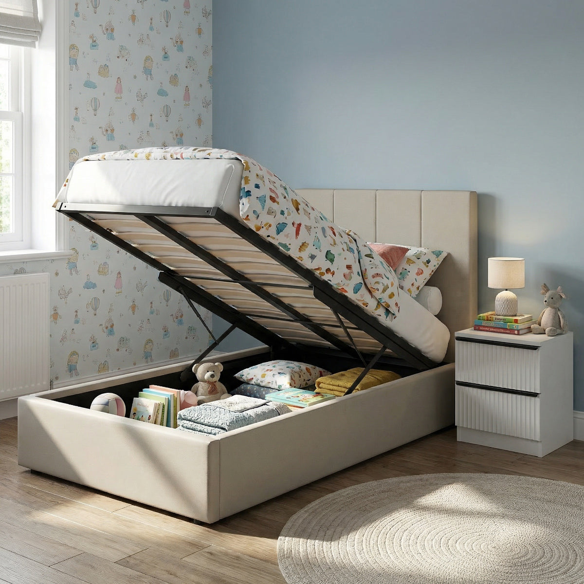 Hoscar Single Ottoman Storage Bedframe - Oatmeal Fabric