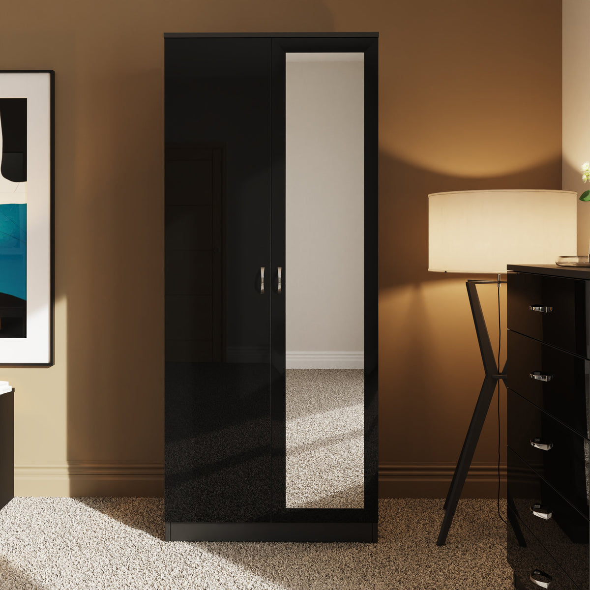 Chilton 2 Door Wardrobe With Mirror - Black Gloss Front