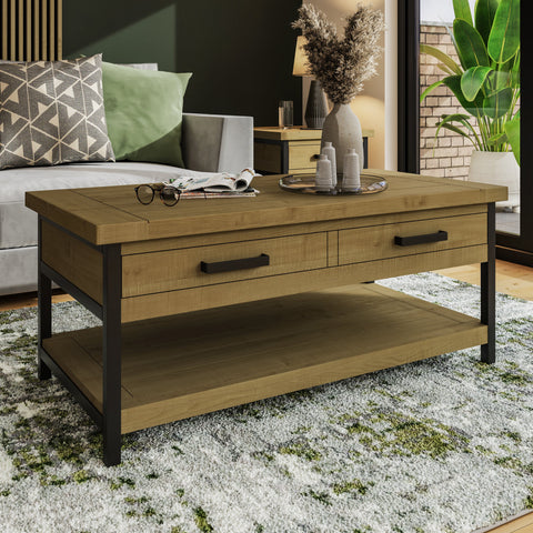 Lowry 2 Drawer Coffee Table Driftwood Lacquered Solid Reclaimed Pine