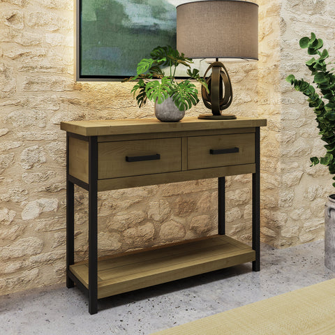 Lowry 2 Drawer Console Table Driftwood Lacquered Solid Reclaimed Pine