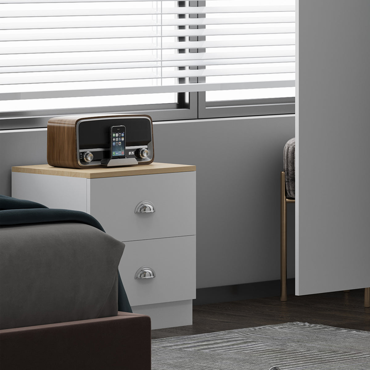 Esher 2 Drawer Bedside Table Matt White With Oak Top