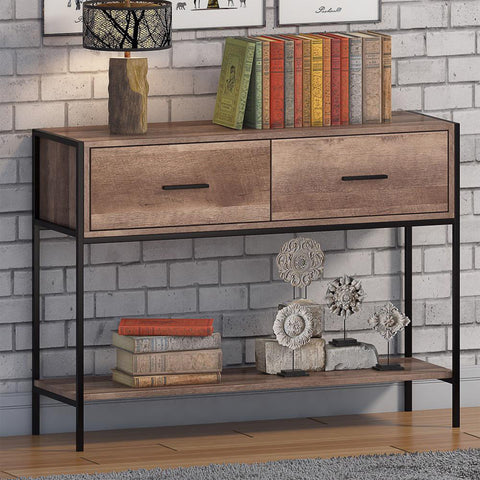 FWStyle Loft Industrial 2 Drawer Console Table Wood Effect Black Metal Frame