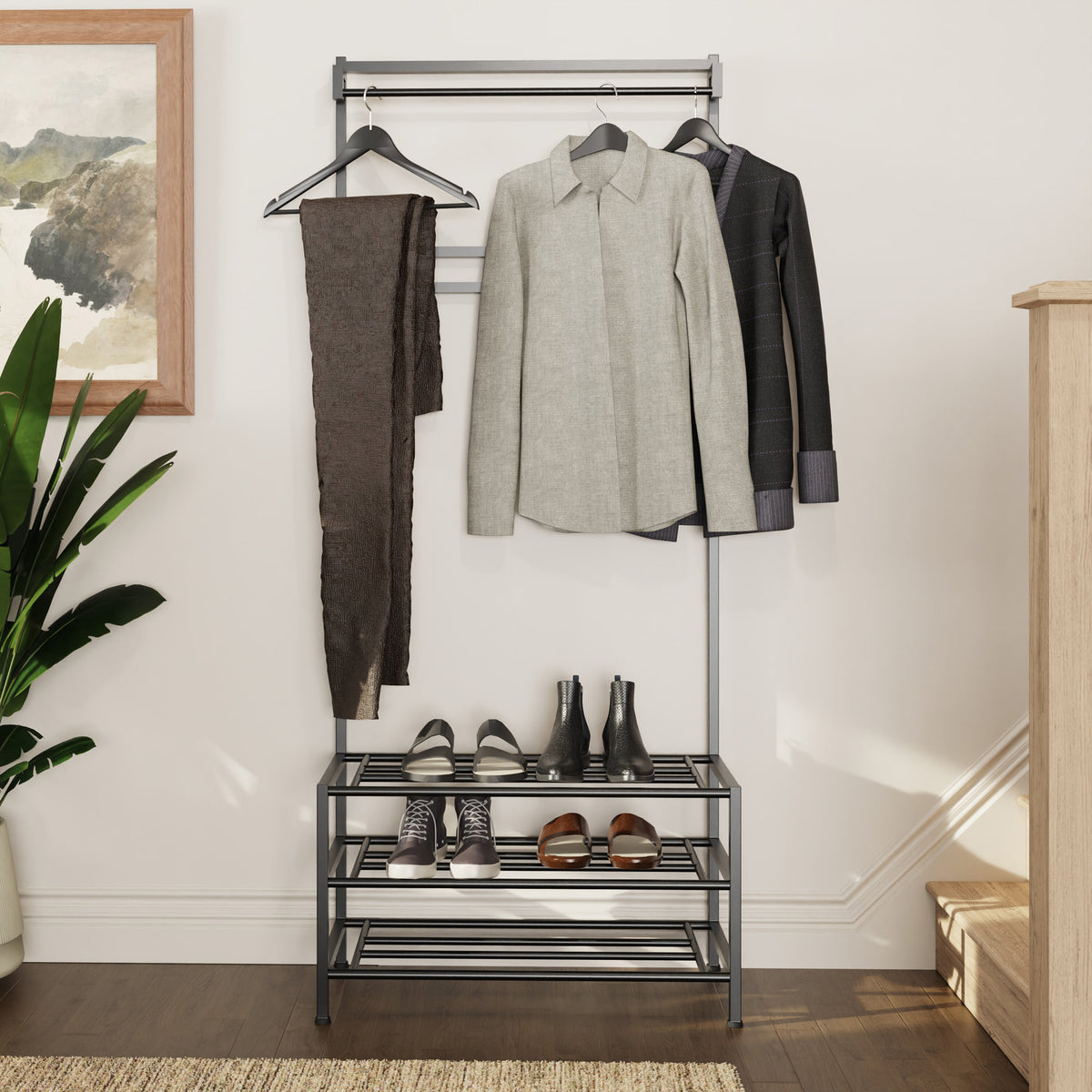 Industrial Urban Design Black Hallway Storage Rack With Hanging Rail
