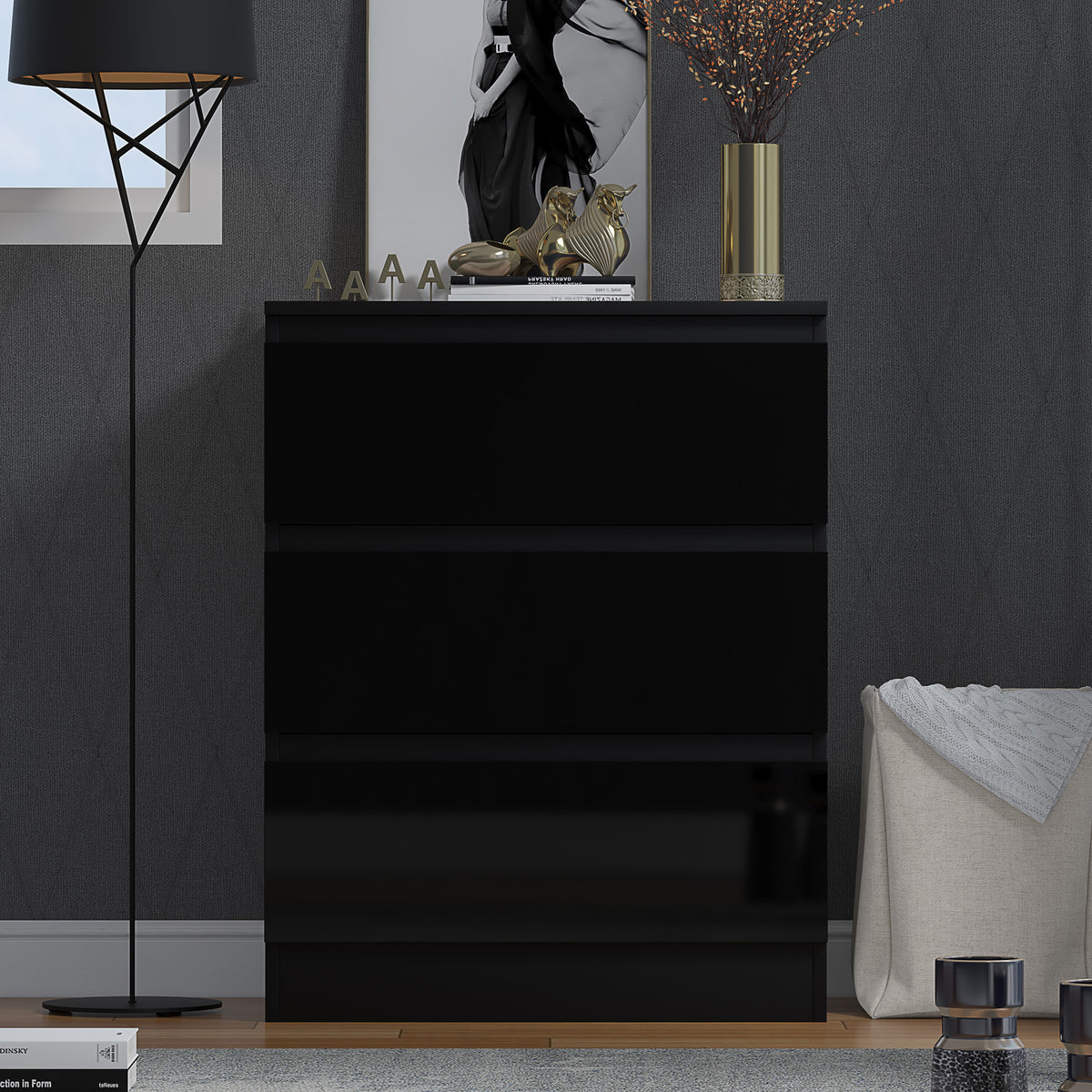 Stora 3 Drawer Chest of Drawers - Black Gloss Front