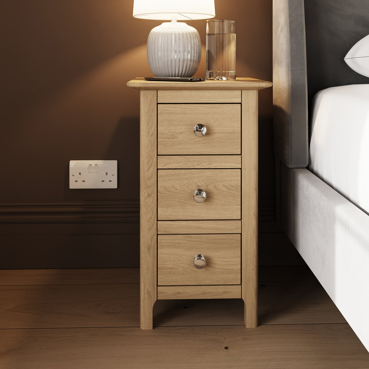 Taberno Oak 3 Drawer Bedside Table Nightstand Cabinet Natural Oak