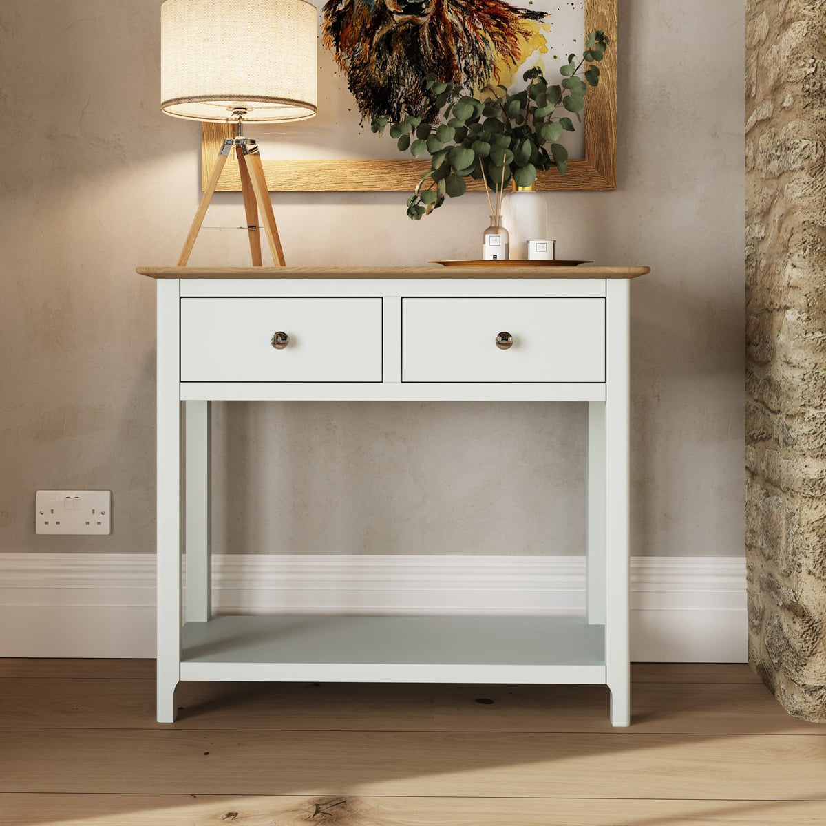 Taberno Oak 2 Drawer Console Hallway Table Linen White