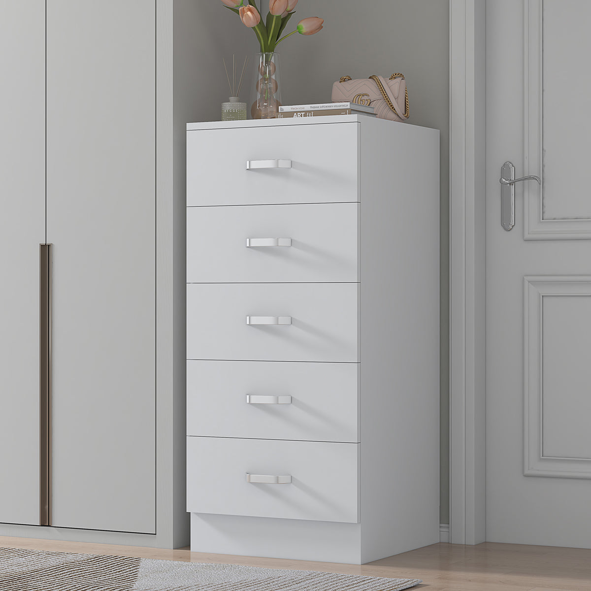 Tunis 5 Drawer Tallboy Slim Chest Of Drawers - Matt White