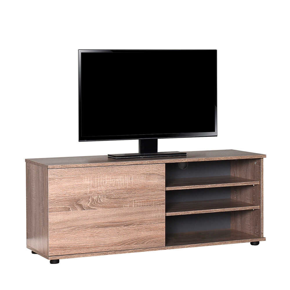 124cm Wide TV Unit with Open Shelves and Cupboard in Latte Oak