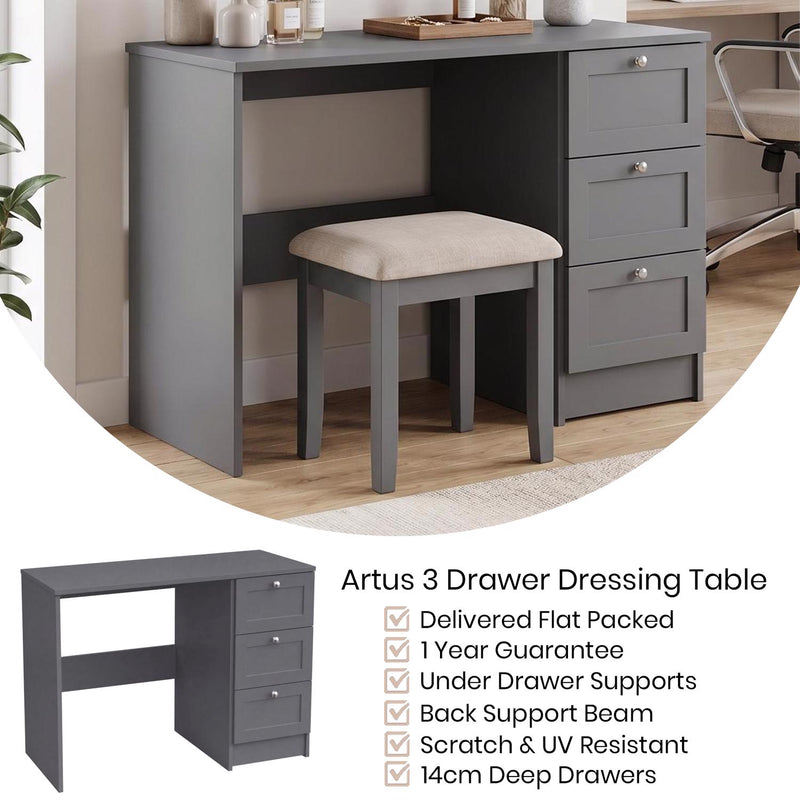 FWStyle Artus 3 Drawer Dressing Table - Dark Grey