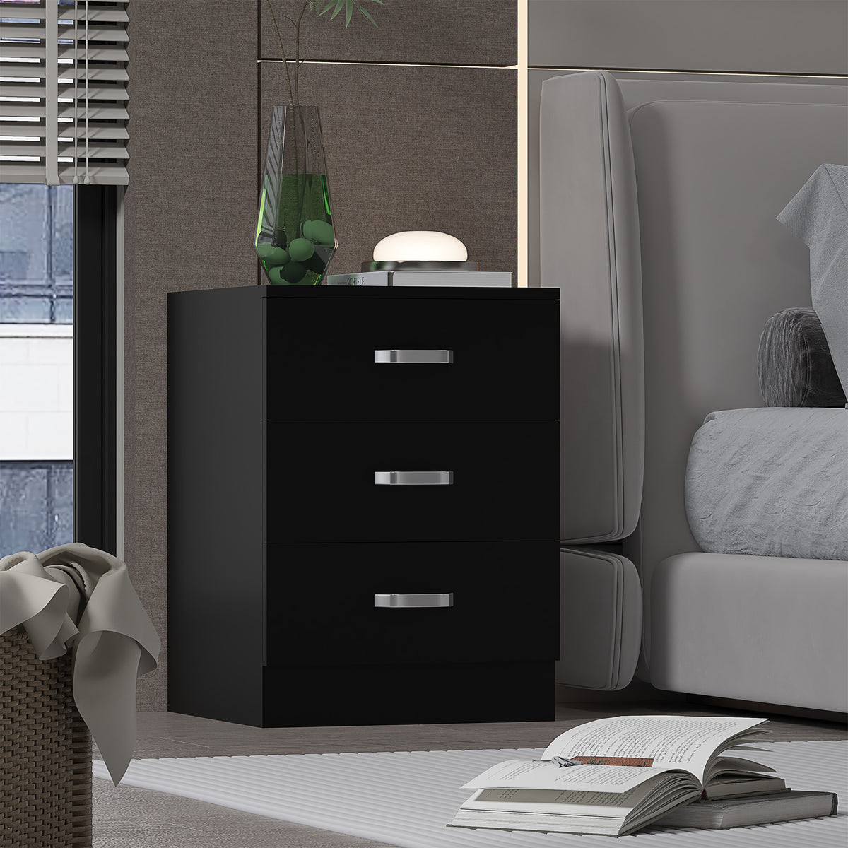 Tunis 3 Drawer Bedside Chest Matt Black