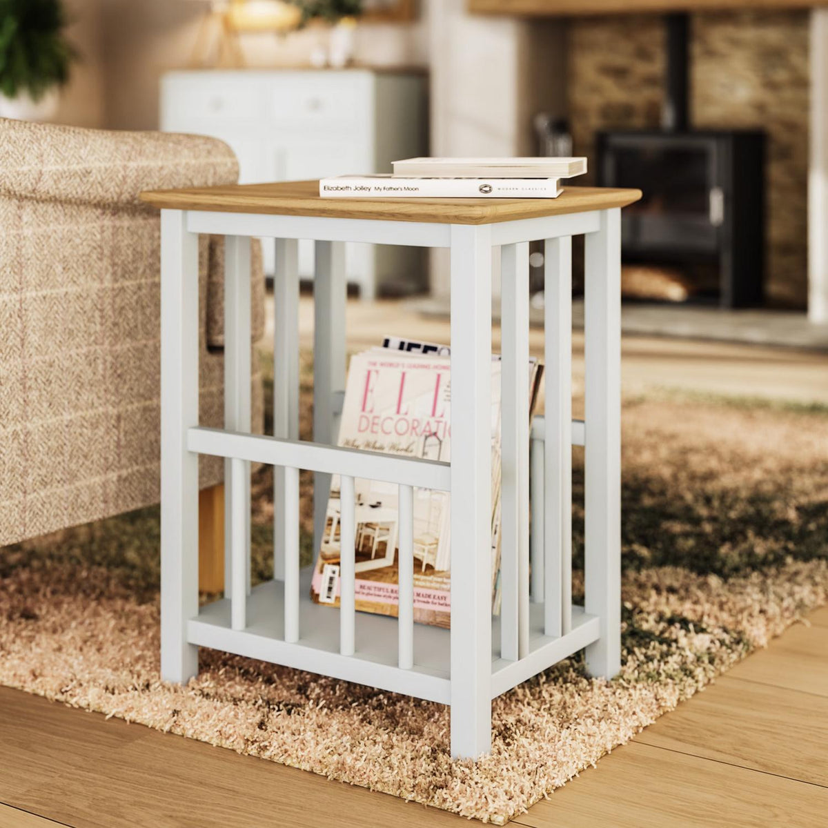 Taberno Oak Magazine Rack Turntable Stand Linen White