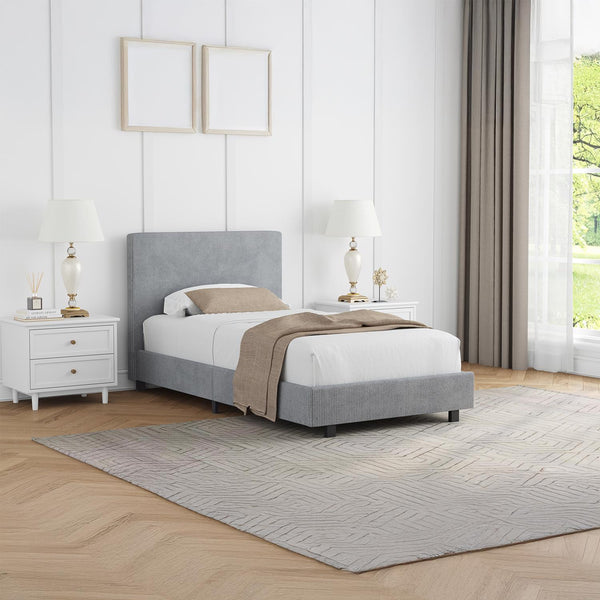 Grey Upholstered Single Bed Frame Ribbed Fabric