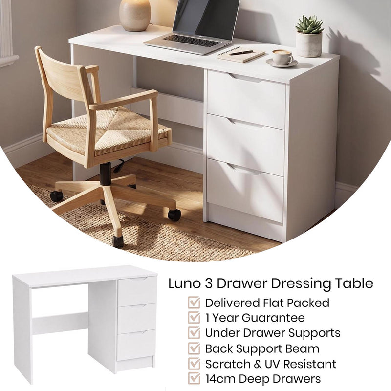 FWStyle Luno 3 Drawer Dressing Table - White