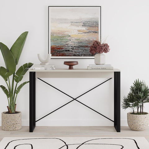 Modern Archie Console Table Sandstone 110cm with Black Metal Legs