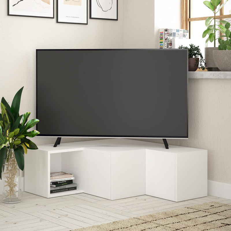 Modern Corner TV Unit With Sliding Storage - White