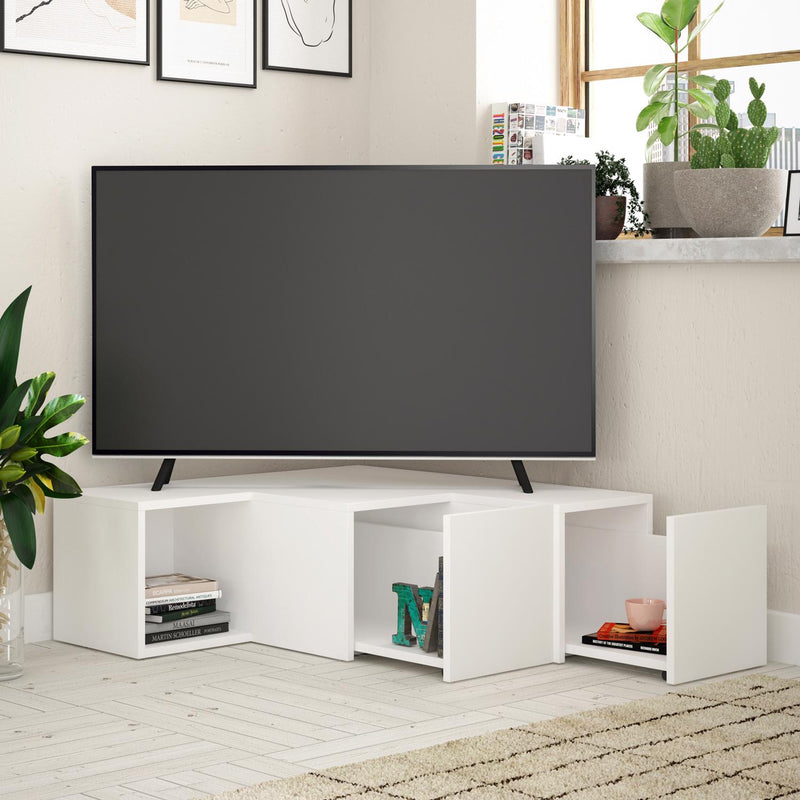 Modern Corner TV Unit With Sliding Storage - White