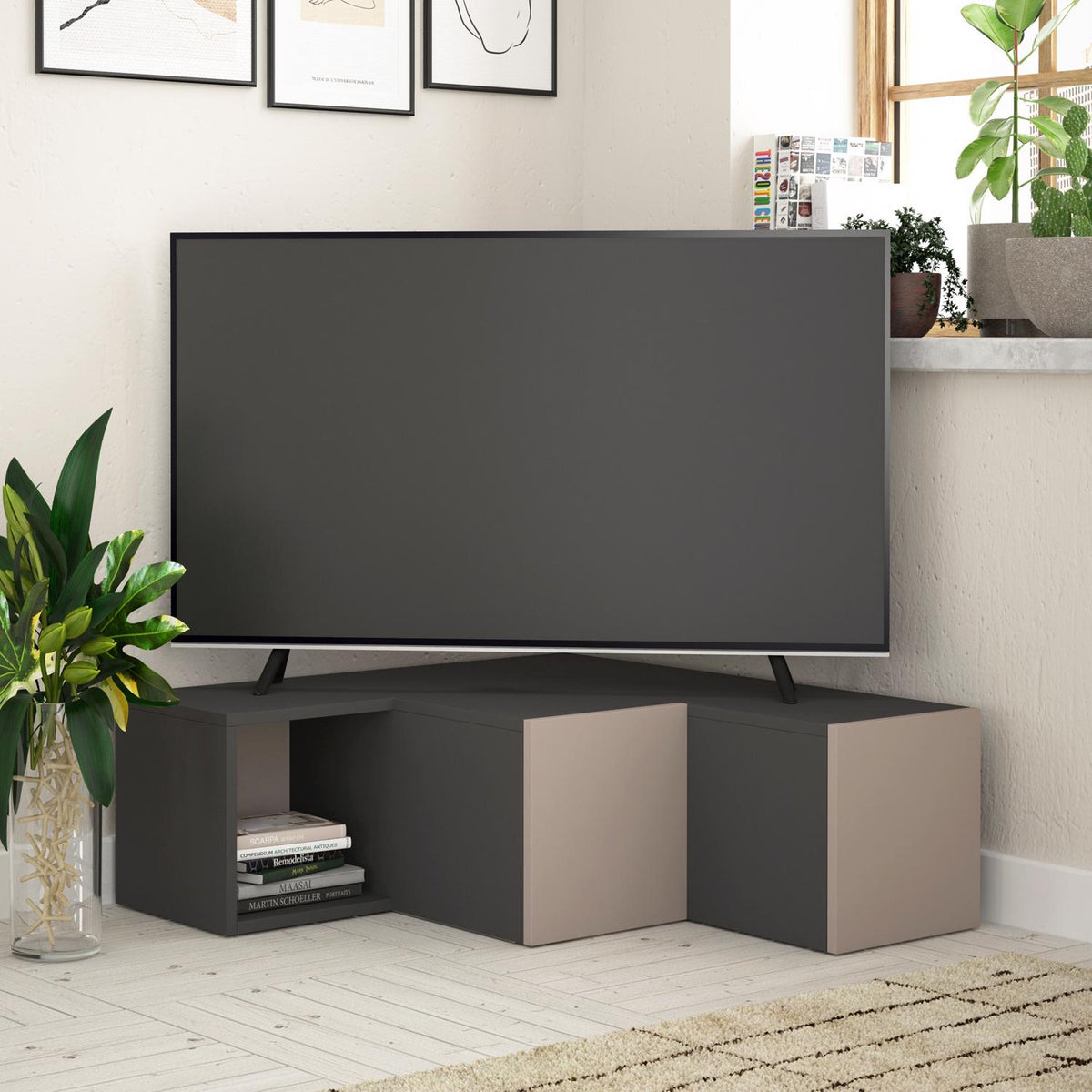 Modern Corner TV Unit With Sliding Storage - Anthracite