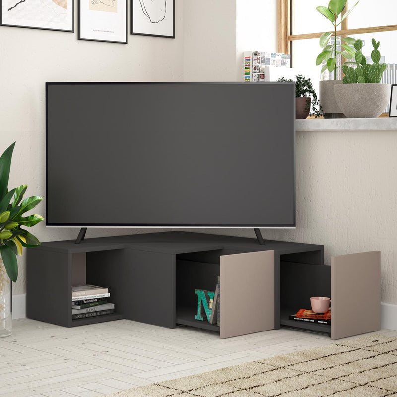 Modern Corner TV Unit With Sliding Storage - Anthracite