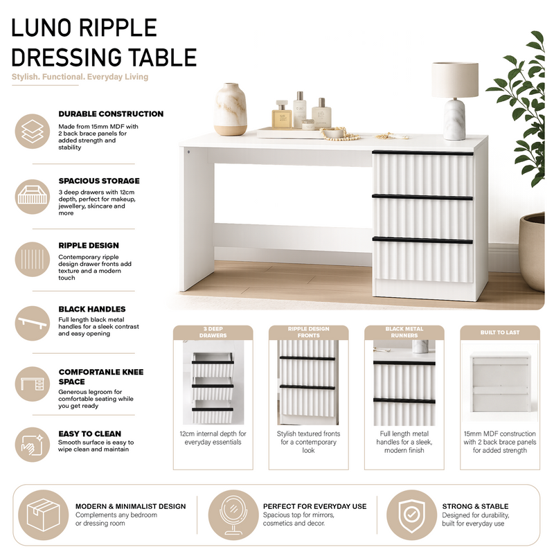 Lania 3 Drawer Dressing Table / Desk - White