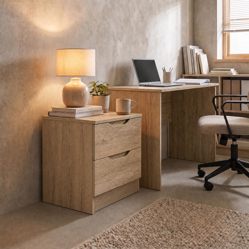 Luno 2 Drawer Bedside Table / Nightstand - Oak