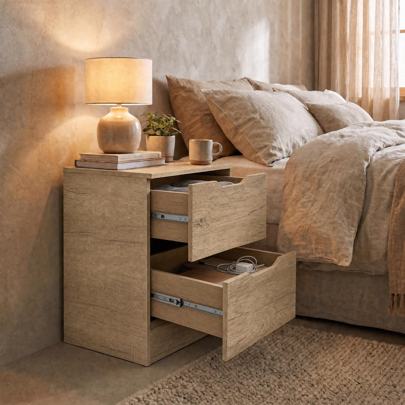 Luno 2 Drawer Bedside Table / Nightstand - Oak