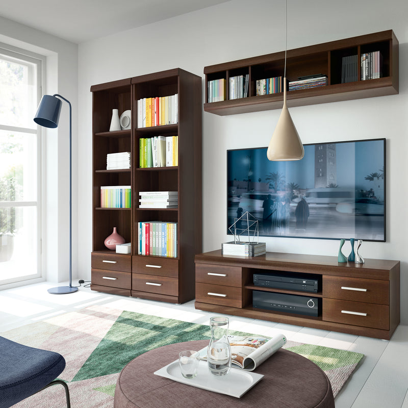 Imperial Tall 2 Drawer Narrow Cabinet with Open Shelving in Dark Mahogany Melamine — detail view