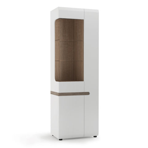 Chelsea Living Tall Glazed Narrow Display Unit (RHD) in White with a Truffle Oak Trim — front view