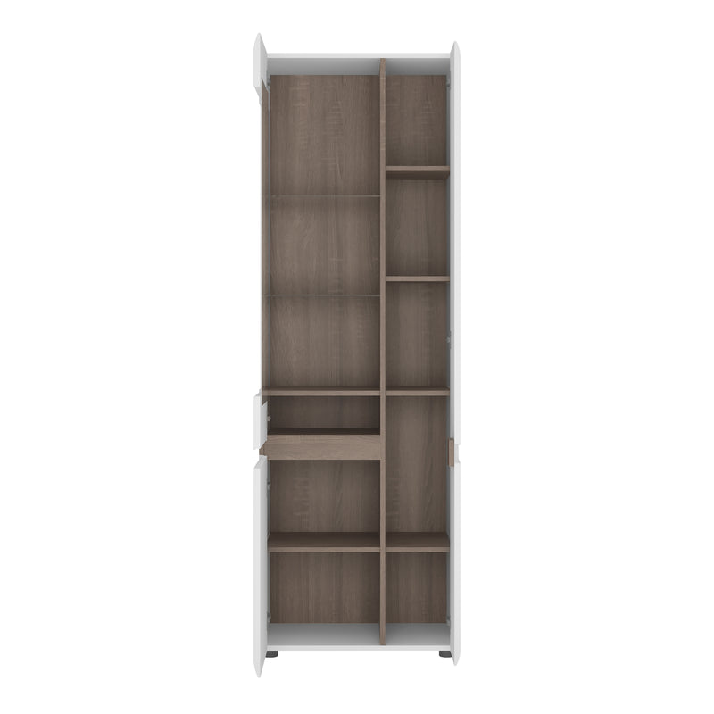 Chelsea Living Tall Glazed Narrow Display Unit (RHD) in White with a Truffle Oak Trim — side angle