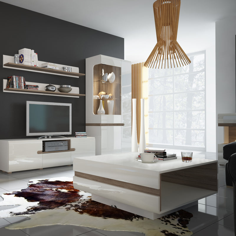 Chelsea Living Tall Glazed Narrow Display Unit (RHD) in White with a Truffle Oak Trim — detail view