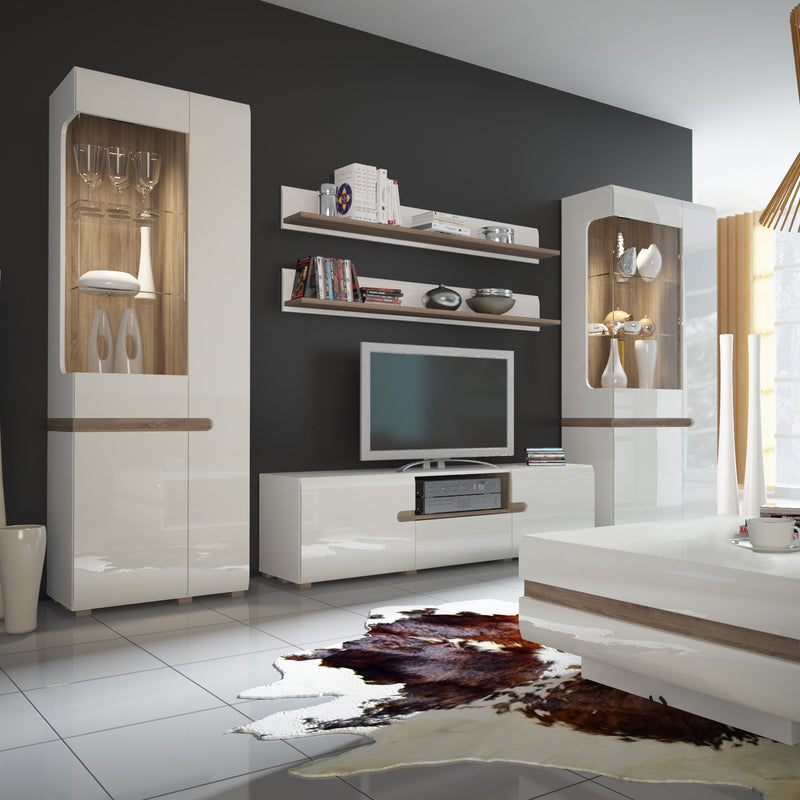 Chelsea Living Tall Glazed Narrow Display Unit (RHD) in White with a Truffle Oak Trim — alternative angle