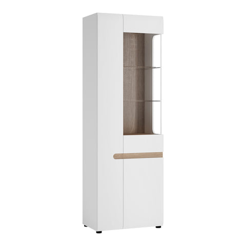 Chelsea Living Tall Glazed Narrow Display Unit (LHD) in White with a Truffle Oak Trim — front view
