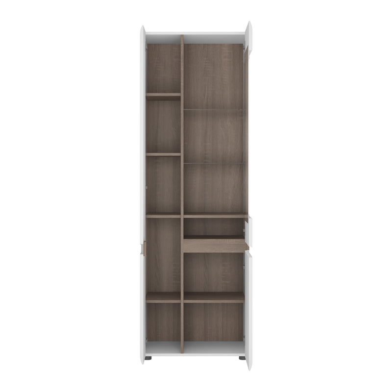 Chelsea Living Tall Glazed Narrow Display Unit (LHD) in White with a Truffle Oak Trim — side angle