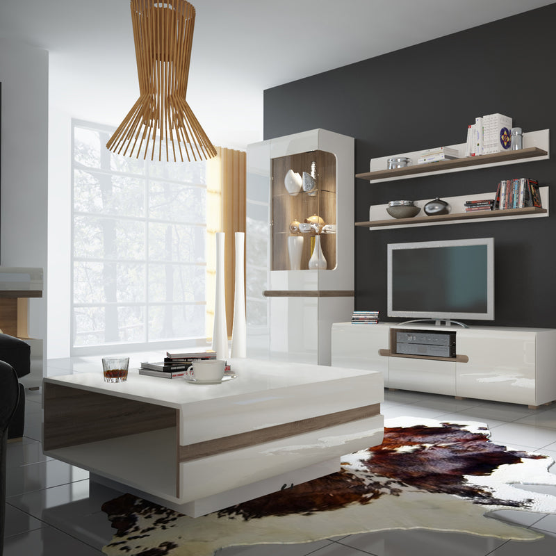 Chelsea Living Tall Glazed Narrow Display Unit (LHD) in White with a Truffle Oak Trim — detail view