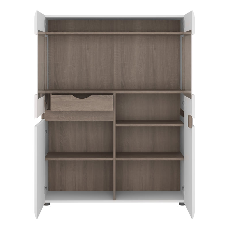 Chelsea Living Low Display Cabinet 109cm Wide in White with a Truffle Oak Trim — side angle