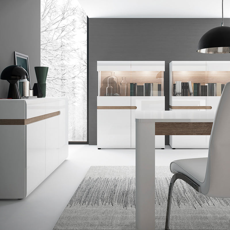 Chelsea Living Low Display Cabinet 109cm Wide in White with a Truffle Oak Trim — detail view