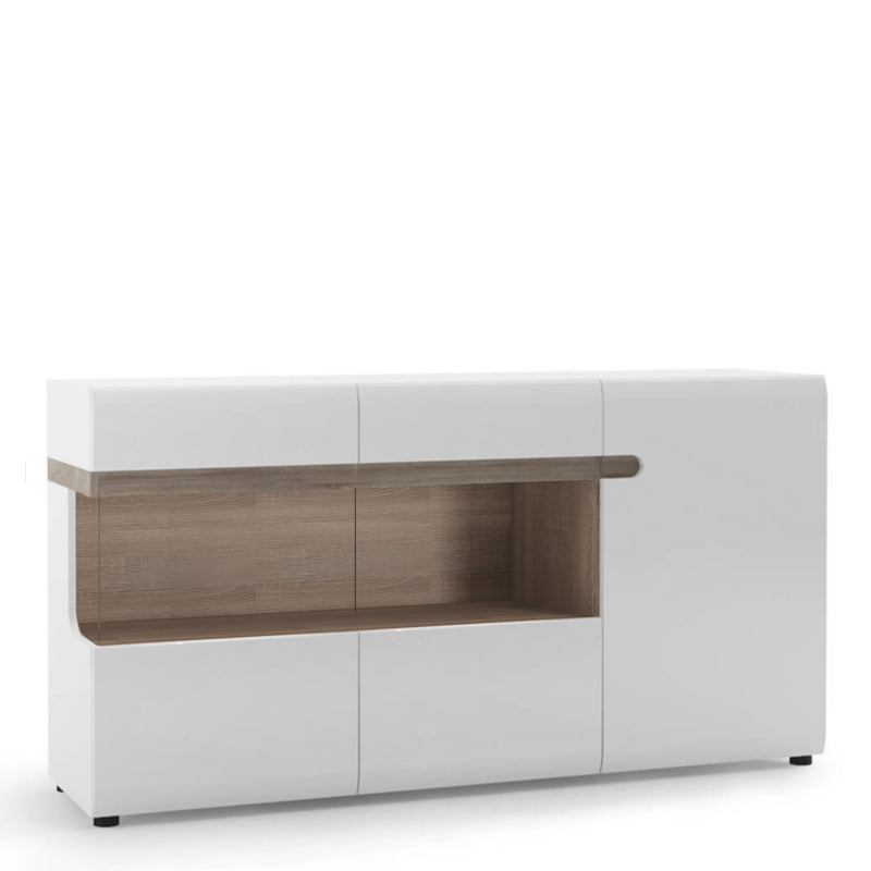 Chelsea Living 3 Door Glazed Sideboard in White with a Truffle Oak Trim — front view